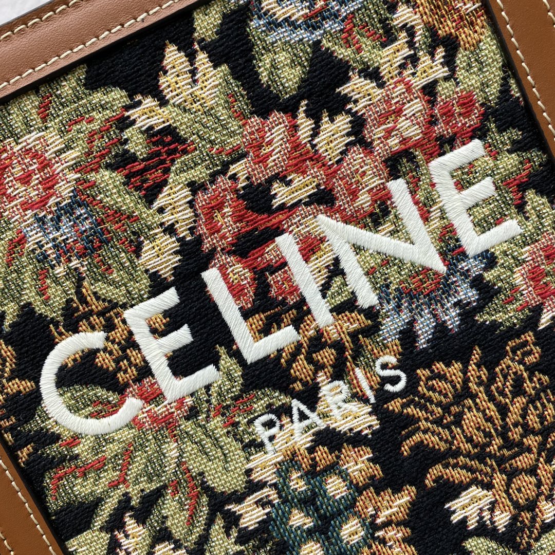 Celine Mini Vertical Cabas In Triomphe Canvas And Calfskin With Celine Print Tan 193302